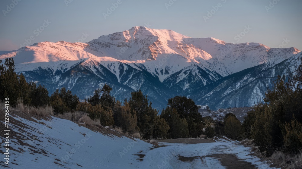 Majestic Snow-Capped Mountain at Sunrise. Stunning view of a snow-covered mountain peak illuminated by the morning sun, surrounded by pine trees and a winding path.