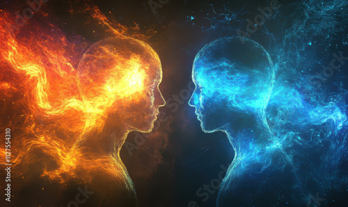 Two glowing human silhouettes facing each other, surrounded by swirling energy waves in vibrant colors.