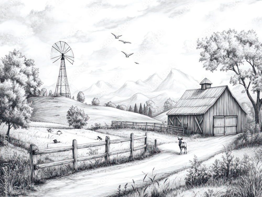 Fototapeta premium Serene grayscale farm scene; windmill, barn, animal.