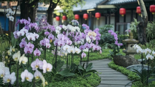 Wallpaper Mural Serene Orchid Garden Pathway with Vibrant Blooms and Lanterns. Explore a peaceful garden pathway adorned with colorful orchids and traditional lanterns, offering a serene escape. Torontodigital.ca