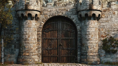 Ancient stone castle door architecture, isolated medieval wooden old gate, arched entrance to historic building, vintage palace facade with ornate iron gates, fortress doorway.