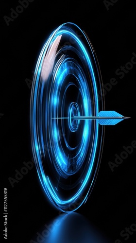 Target illuminated with blue neon lights and an arrow hitting the bullseye, AI