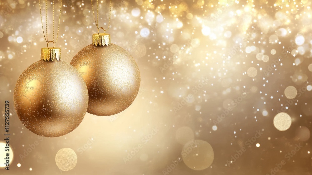 Golden decor pieces with a sparkling bokeh backdrop set a festive tone. Golden decor pieces with a sparkling bokeh backdrop set a festive tone.