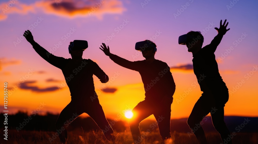 Three diverse individuals wearing VR headsets enjoy a virtual reality experience outdoors at sunset, AI Three diverse individuals wearing VR headsets enjoy a virtual reality experience outdoors at sunset, AI