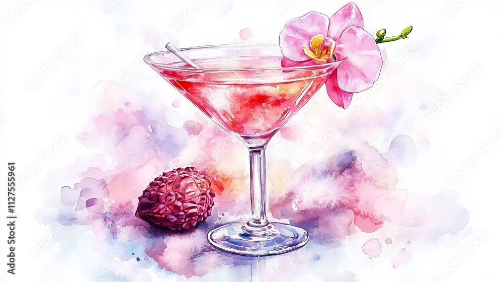 A watercolor illustration of a pale pink lychee martini, adorned with a lychee garnish, displayed on a white background. A watercolor illustration of a pale pink lychee martini, adorned with a lychee garnish, displayed on a white background.
