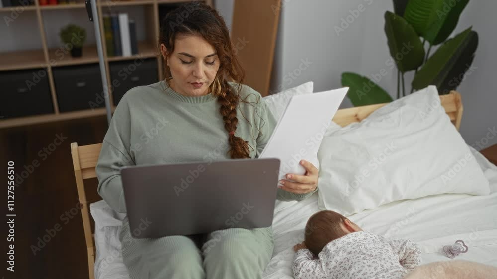 Woman working on laptop while sitting on bed with sleeping baby in cozy bedroom, emphasizing balance of work and family life in a nurturing home environment. Woman working on laptop while sitting on bed with sleeping baby in cozy bedroom, emphasizing balance of work and family life in a nurturing home environment.