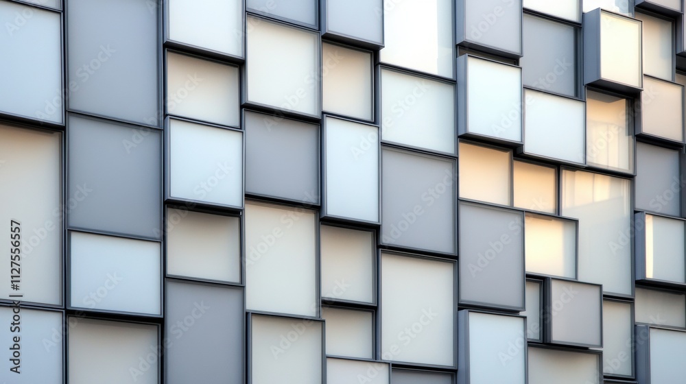 Caption: Modern architectural facade with geometric patterns of glass and metal panels, AI Caption: Modern architectural facade with geometric patterns of glass and metal panels, AI