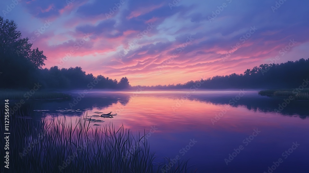 A serene lake at sunset, reflecting colorful clouds and surrounded by trees. A serene lake at sunset, reflecting colorful clouds and surrounded by trees.