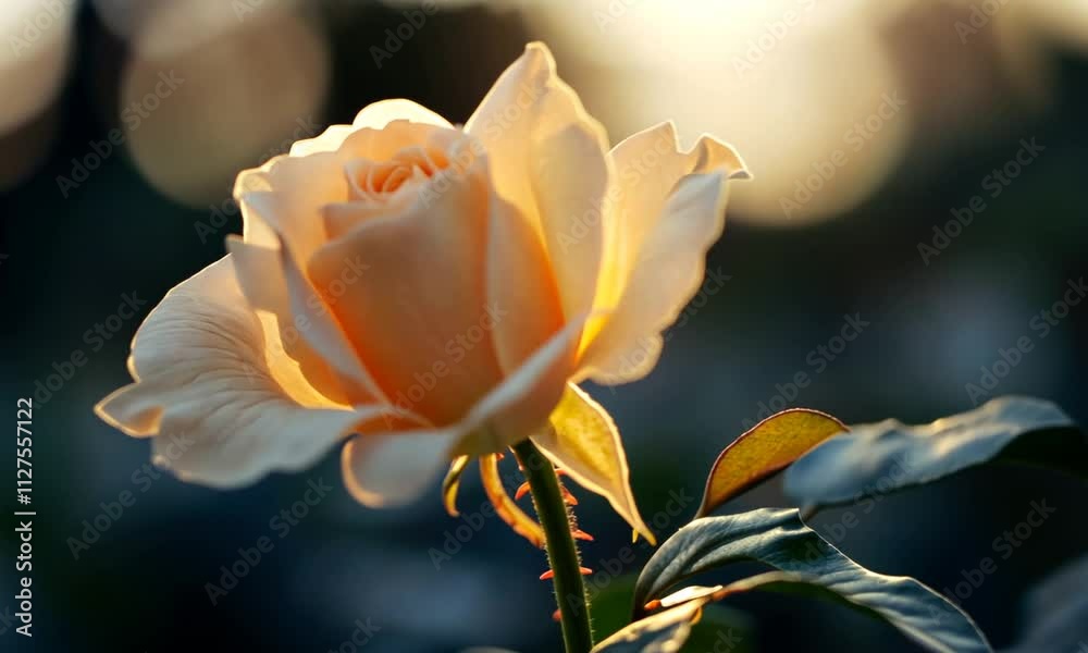 Sunset illuminating a single, pale peach rose, backlit, showcasing its delicate petals and stem. Sunset illuminating a single, pale peach rose, backlit, showcasing its delicate petals and stem.