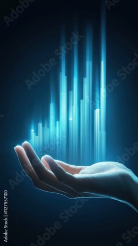 Hand of a Caucasian person holding a digital hologram of a futuristic cityscape, AI photo