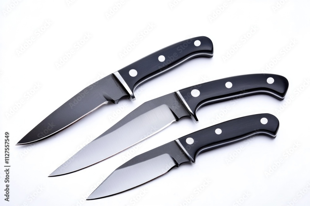 Three knives placed together on a clean white surface Three knives placed together on a clean white surface