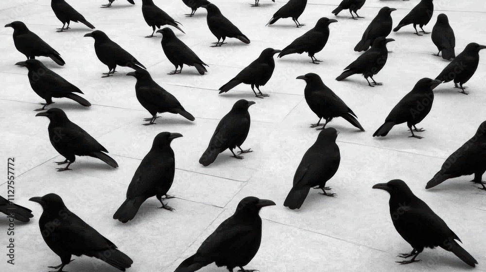 Fototapeta premium Crows gathered on a tiled surface, showcasing their sleek black feathers and sharp beaks, AI