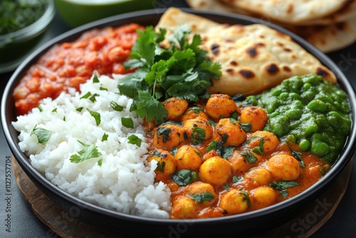 A simple meal consisting of rice, peas, and bread