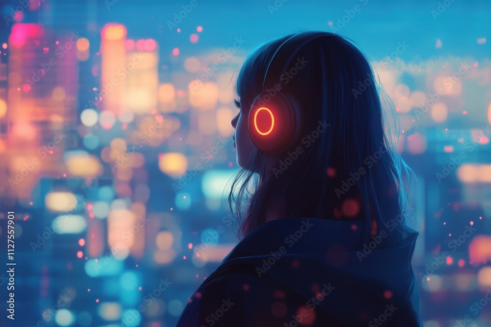 A woman wearing headphones, gazing into the distance with a blurry cityscape in the background. A woman wearing headphones, gazing into the distance with a blurry cityscape in the background.