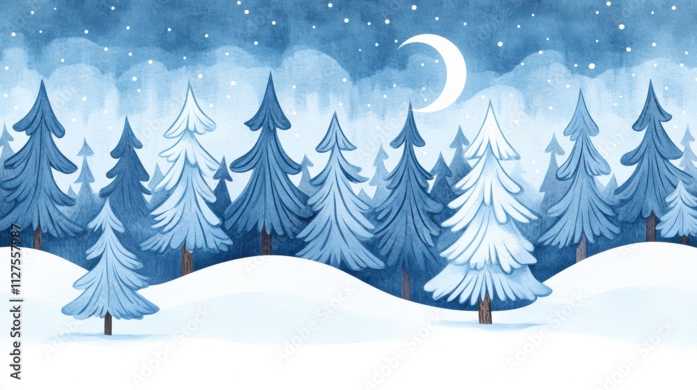 Fototapeta premium Snow-covered evergreen forest under a starry night sky with a crescent moon, AI