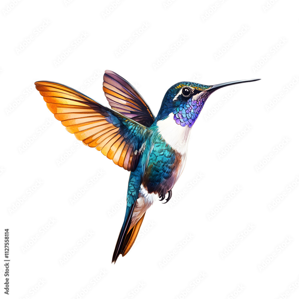 Fototapeta premium Vibrant Hummingbird in Flight with Colorful Feathers and Detail