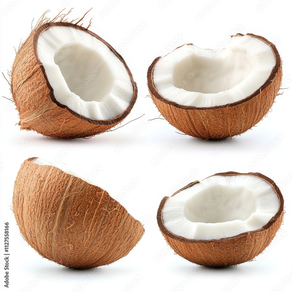 Coconuts break apart, spreading pieces and showing off their creamy white flesh, presented on a spotless white background. Coconuts break apart, spreading pieces and showing off their creamy white flesh, presented on a spotless white background.