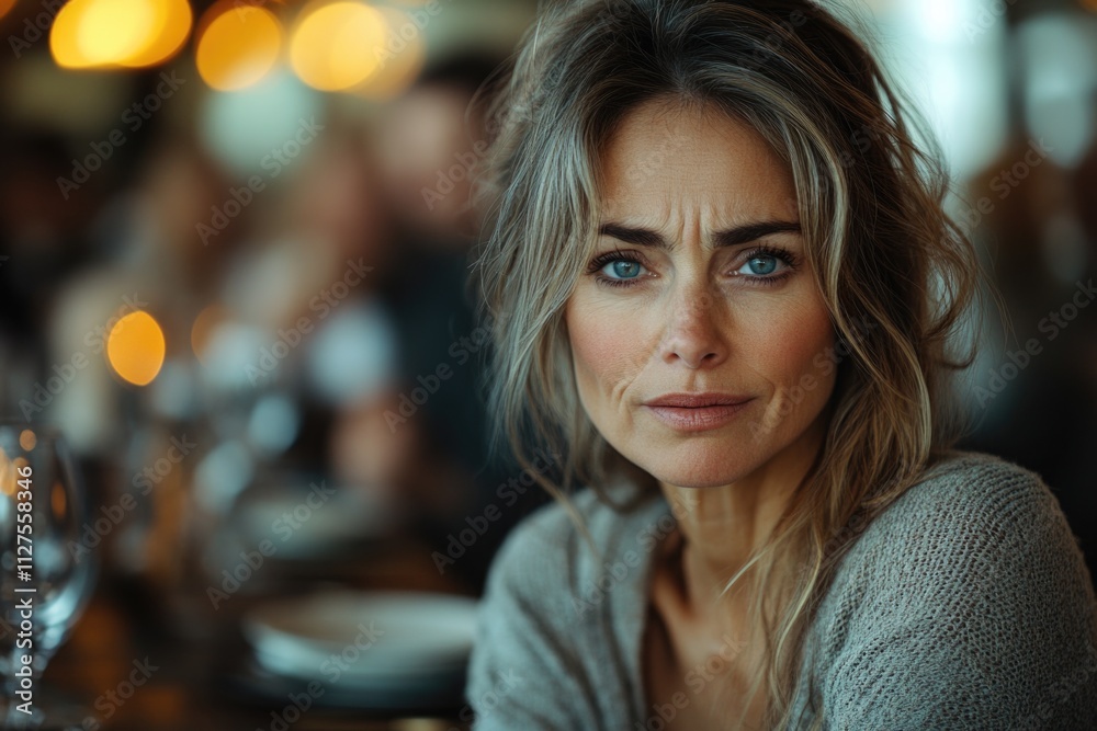 A woman sitting at a table with a glass of wine, great for restaurant or party use A woman sitting at a table with a glass of wine, great for restaurant or party use