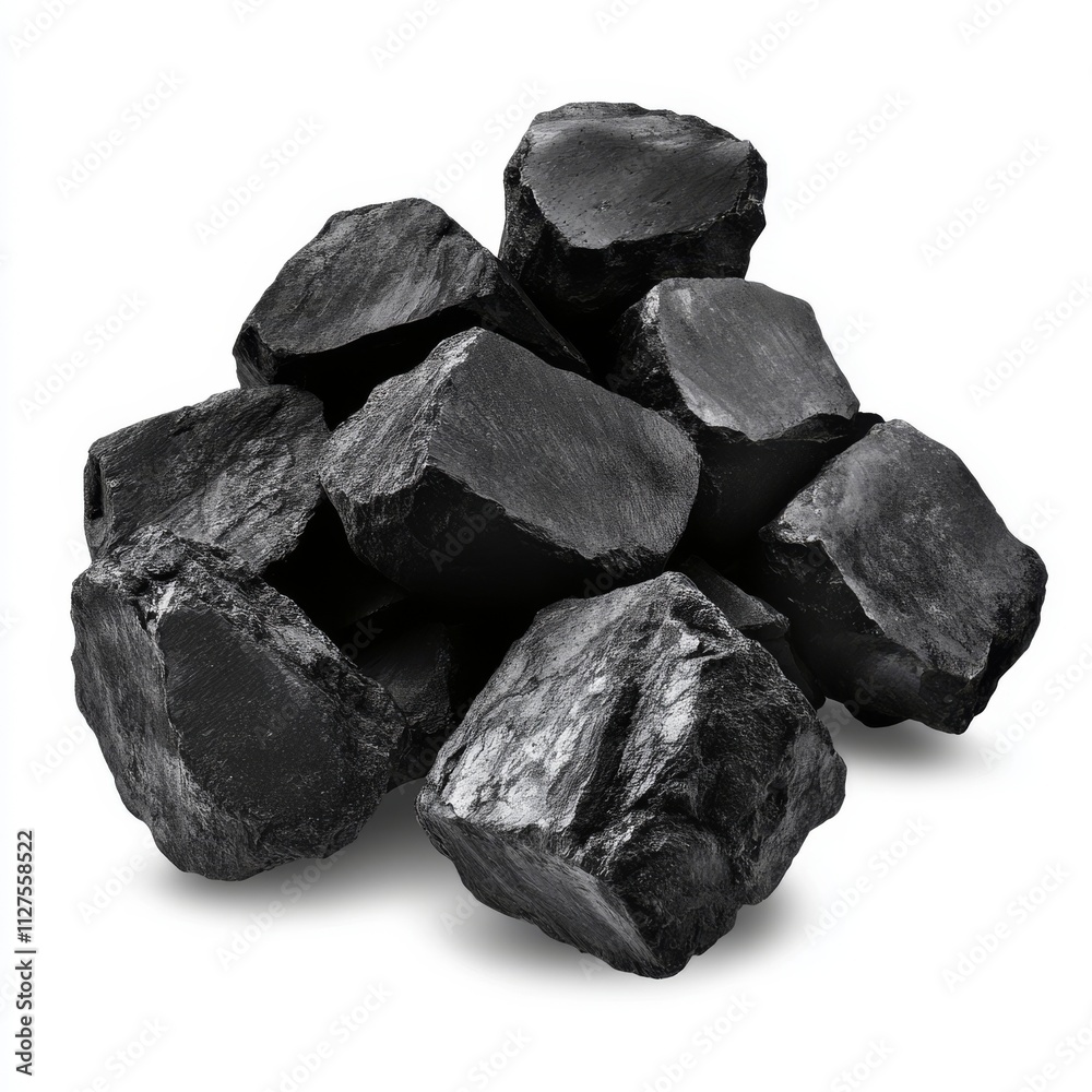 A visually striking configuration of floating charcoal pieces over a white, isolated background, showcasing their texture and form, perfectly suited for sustainability or natural resource-themed