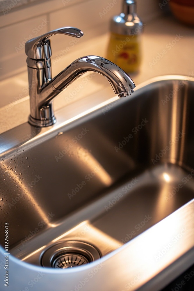 A standard kitchen sink with faucet and soap dispenser for everyday use