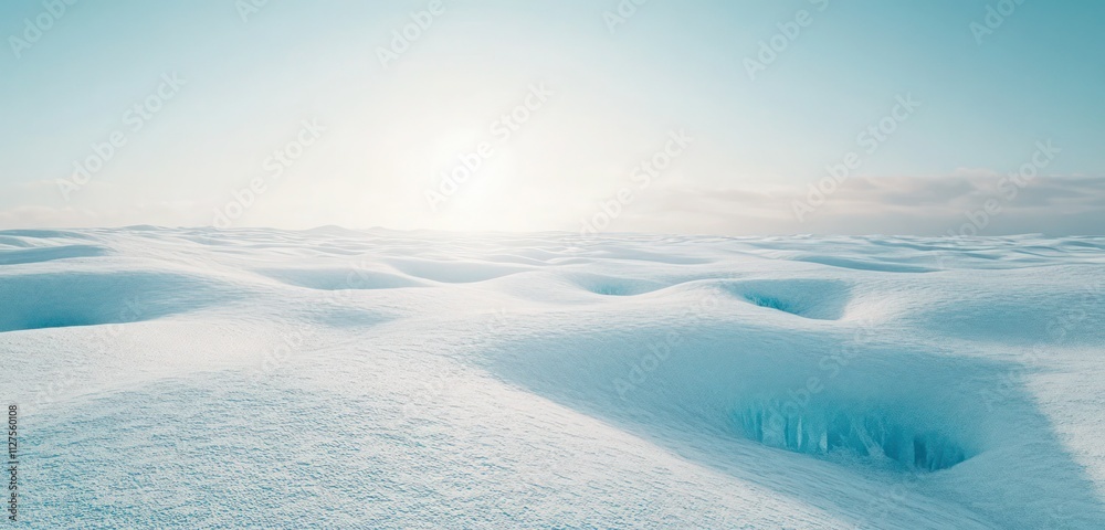 Aerial view of an endless white ice field with subtle blue crevices, illuminated by soft sunlight under a clear sky. Aerial view of an endless white ice field with subtle blue crevices, illuminated by soft sunlight under a clear sky.