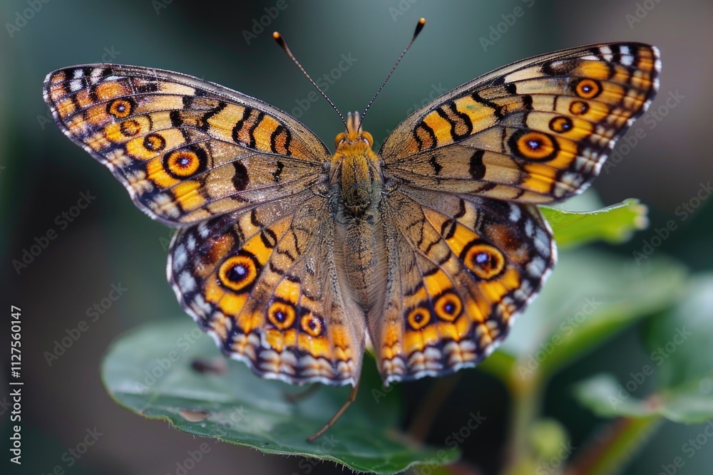 Obraz premium A close-up shot of a butterfly sitting on a leaf, showcasing its colors and patterns