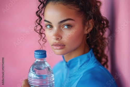 A young woman holds a bottle of water in her hand, possibly after exercise or outdoor activities