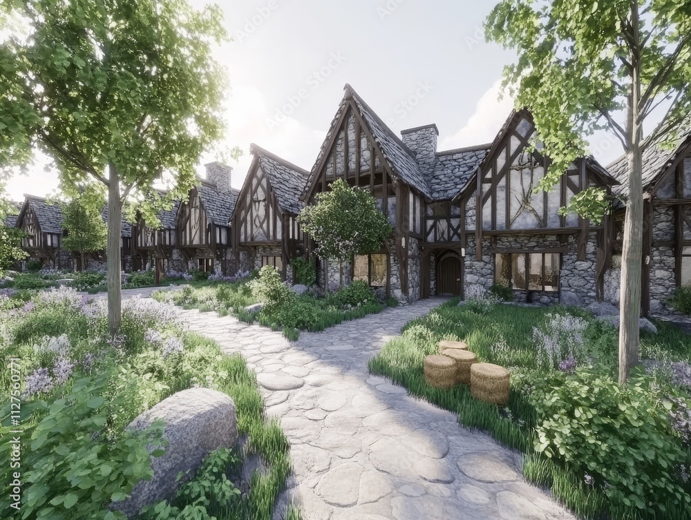 Naklejka premium Rustic stone houses and a nearby tower define this picturesque medieval village, which overlooks a breathtaking countryside of golden fields and blue skies.