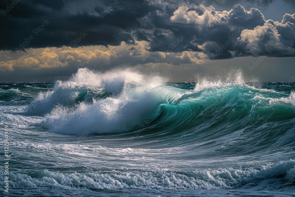 Angry sea waves crashing under fierce winds, dark clouds swirling in a stormy sky. Angry sea waves crashing under fierce winds, dark clouds swirling in a stormy sky.