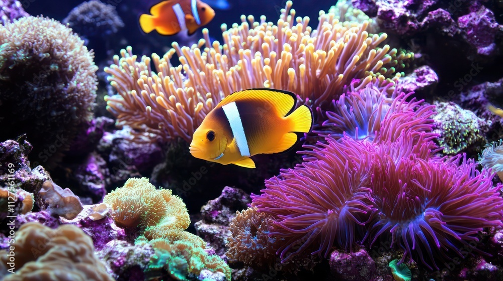 Bright tropical fish darting between coral, sea anemones, and underwater plants in a vibrant coral reef ecosystem. Bright tropical fish darting between coral, sea anemones, and underwater plants in a vibrant coral reef ecosystem.