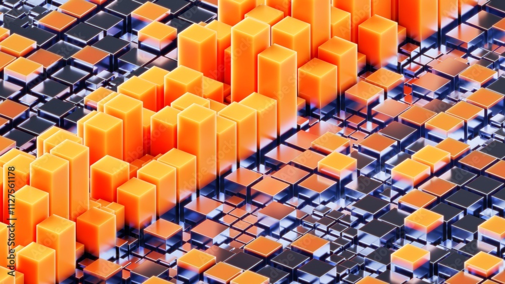 Obraz premium Dynamic technological visualization resembling urban landscape where metallic cubes rise in wave pattern, transitioning from dark base to glowing orange heights. Grid-based composition with blue under