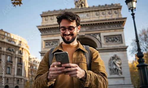 Man smiling while using smartphone in front of Arc de Triomf, enjoying seamless online experience with 5G connectivity. Relaxed and happy male tourist engages in digital communication outdoors photo