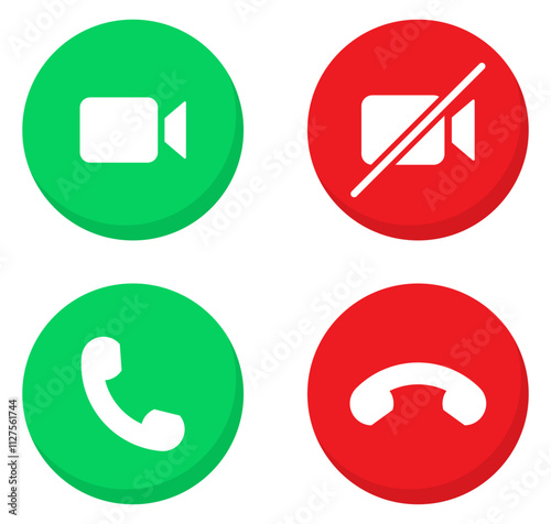 Video call and mute icons button set with answer and reject phone call icon button green and red color with shadow. Collection of buttons for the phone call user isolated. Vector illustration.