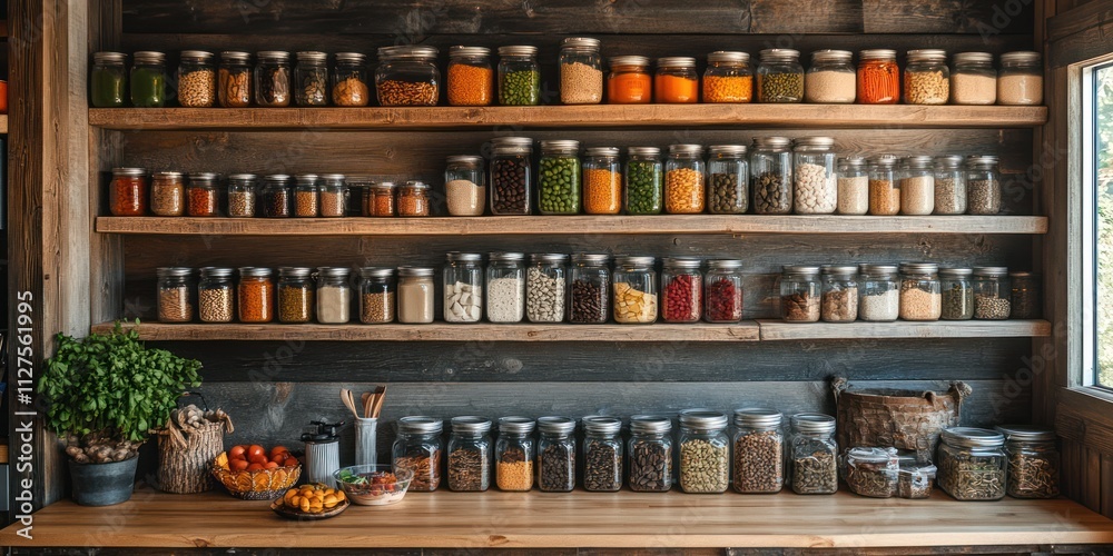 Organized pantry with glass jars filled with various spices, grains, beans, and herbs on wooden shelves. Organized pantry with glass jars filled with various spices, grains, beans, and herbs on wooden shelves.