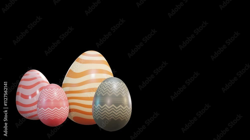 Easter eggs on black background. Colorful Easter eggs stand and move on the right, High quality animation alpha channel 3d version one Easter eggs on black background. Colorful Easter eggs stand and move on the right, High quality animation alpha channel 3d version one