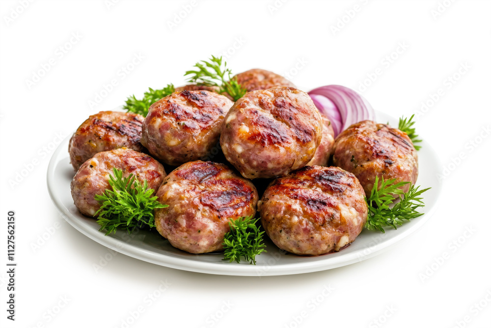 fried meatballs with herbs on white background. fried meatballs with herbs on white background.