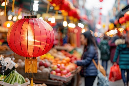 Festive Chinese New Year lantern in focus at market