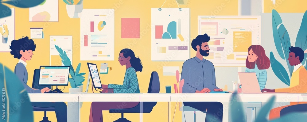 Diverse colleagues working together in a modern office, coding, designing, and collaborating in a creative space Diverse colleagues working together in a modern office, coding, designing, and collaborating in a creative space
