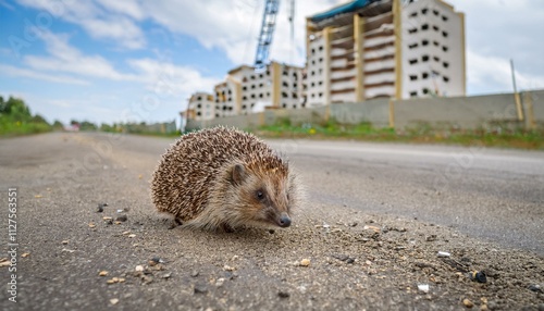 Lonely scene of a hedgehog wandering around with no place to go near a construction site photo