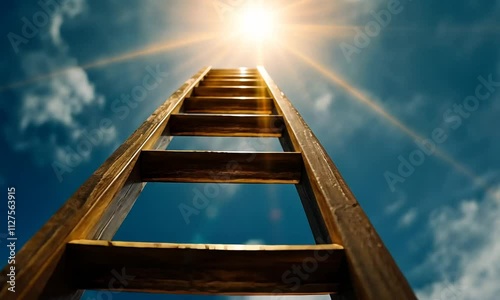 Wooden ladder ascending towards bright sun in a blue sky.