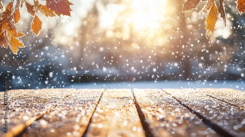 Snowy winter scene with frosty wooden table in sunlight.