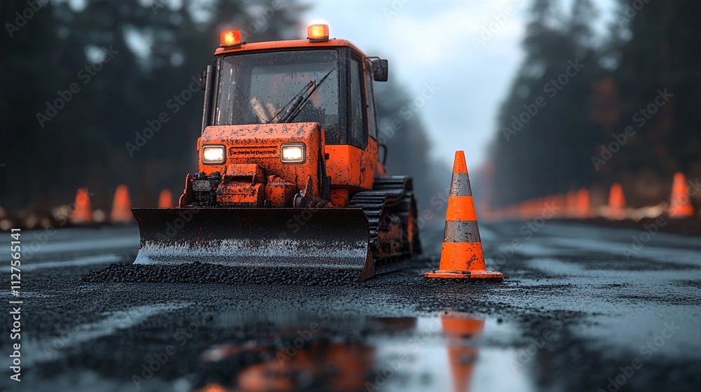 Road construction with traffic cone and paving machine on asphalt
Road construction with traffic cone and paving machine on asphalt