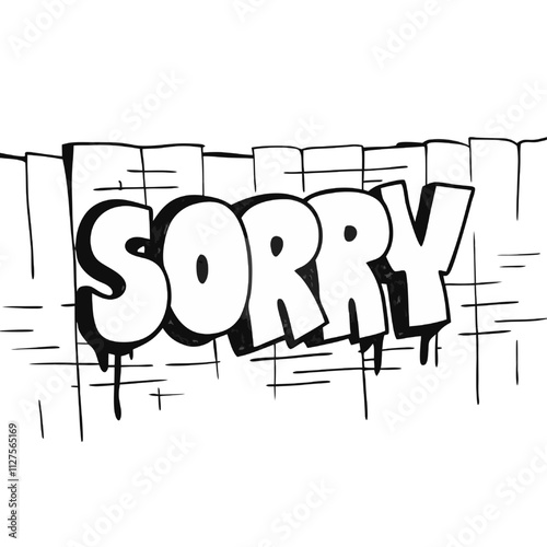 Vector Sorry Graffiti Art: A bold, black and white graffiti-style illustration of the word "SORRY" painted on a textured wall. The word is rendered in a 3D style with dripping paint.