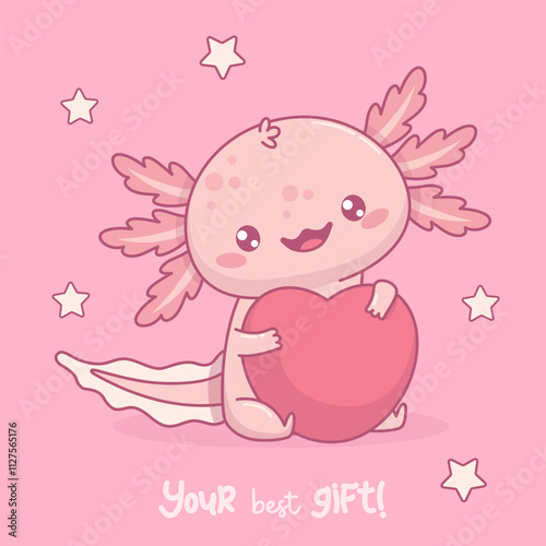 Cute Romantic Axolotl hugs big heart. Little festive cartoon pink kawaii character. Vector illustration. Holiday postcard valentine