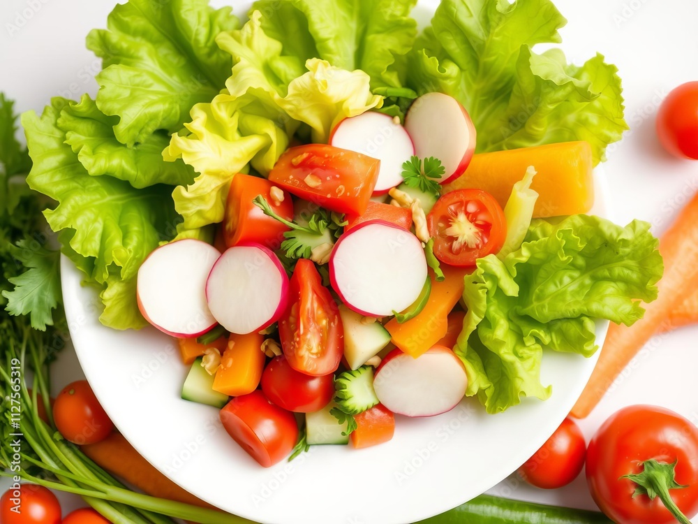 A fresh and colorful vegetarian salad featuring a mix of lettuce, tomatoes, cucumbers, bell peppers, carrots, and radishes, all laid out on a clean white background, radishes, bell peppers A fresh and colorful vegetarian salad featuring a mix of lettuce, tomatoes, cucumbers, bell peppers, carrots, and radishes, all laid out on a clean white background, radishes, bell peppers