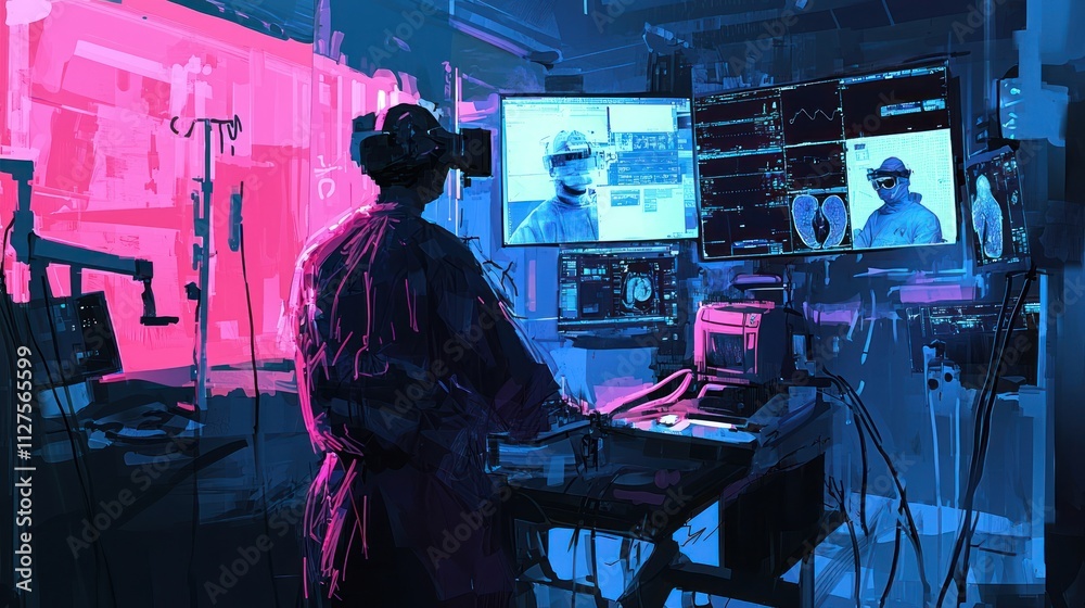 A surgeon operates robotic systems using virtual interfaces, ensuring high precision in minimally invasive surgeries. A surgeon operates robotic systems using virtual interfaces, ensuring high precision in minimally invasive surgeries.