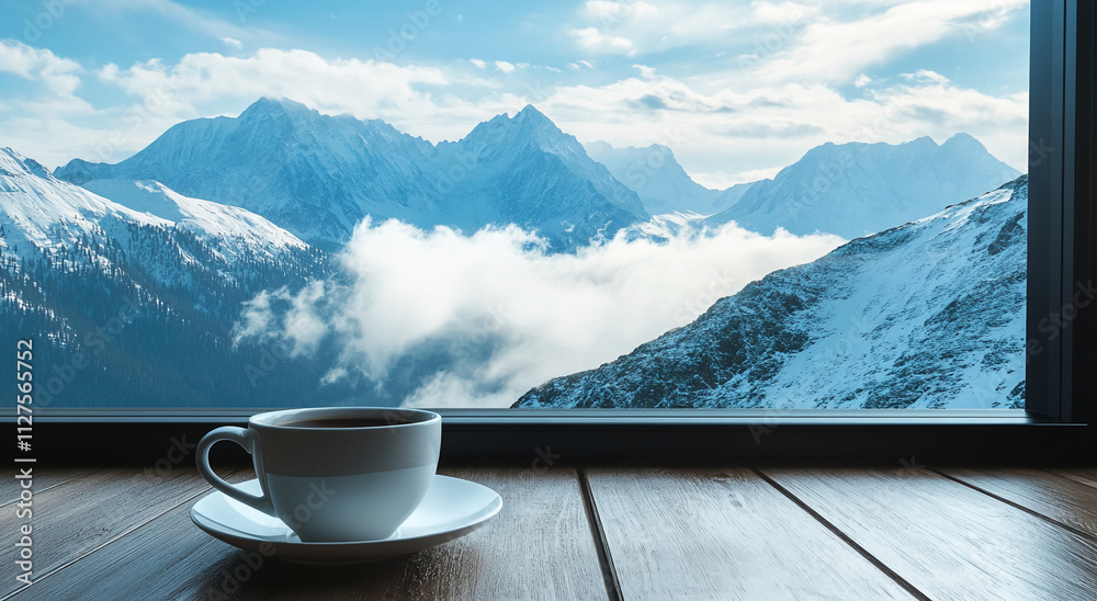 Enjoying a warm cup of coffee while admiring the breathtaking snowy mountain view through a large window Enjoying a warm cup of coffee while admiring the breathtaking snowy mountain view through a large window