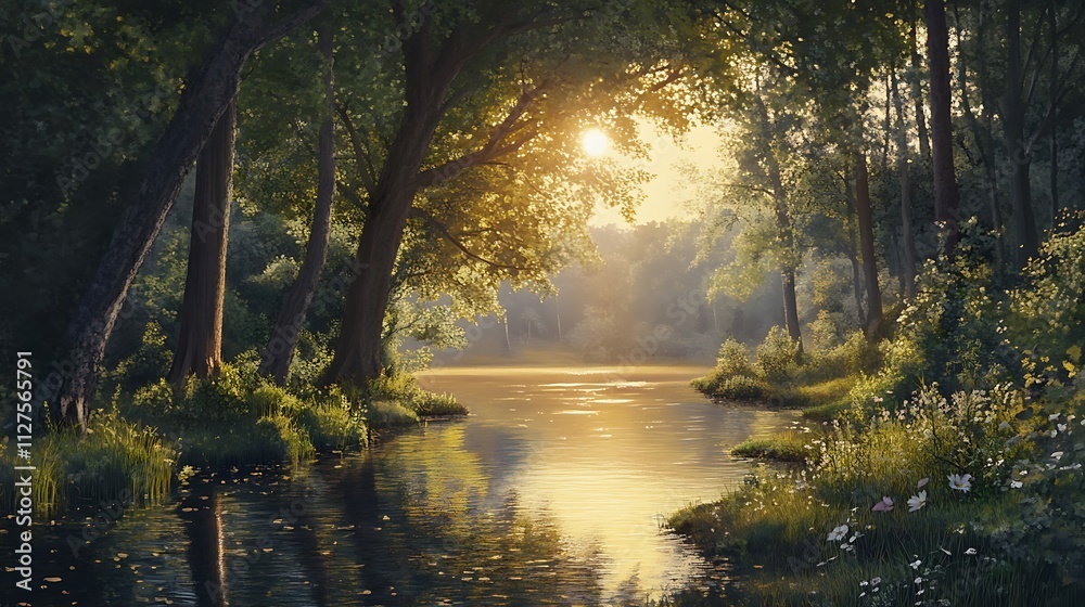 Obraz premium A serene riverside scene at sunset, showcasing nature's beauty and tranquility.