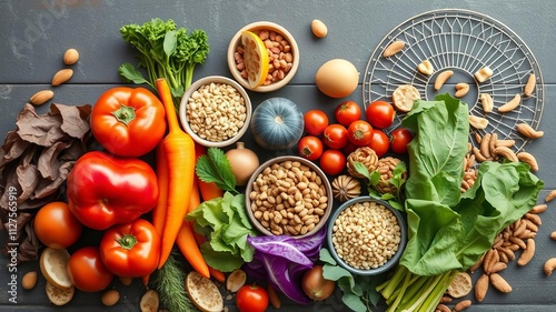 A long banner featuring a variety of colorful organic fruits, vegetables, grains, and nuts, representing a balanced diet for healthy nutrition, plant-based, natural