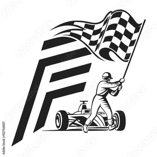 Victory Lap: Race car driver celebrating with checkered flag. Formula 1 style illustration.